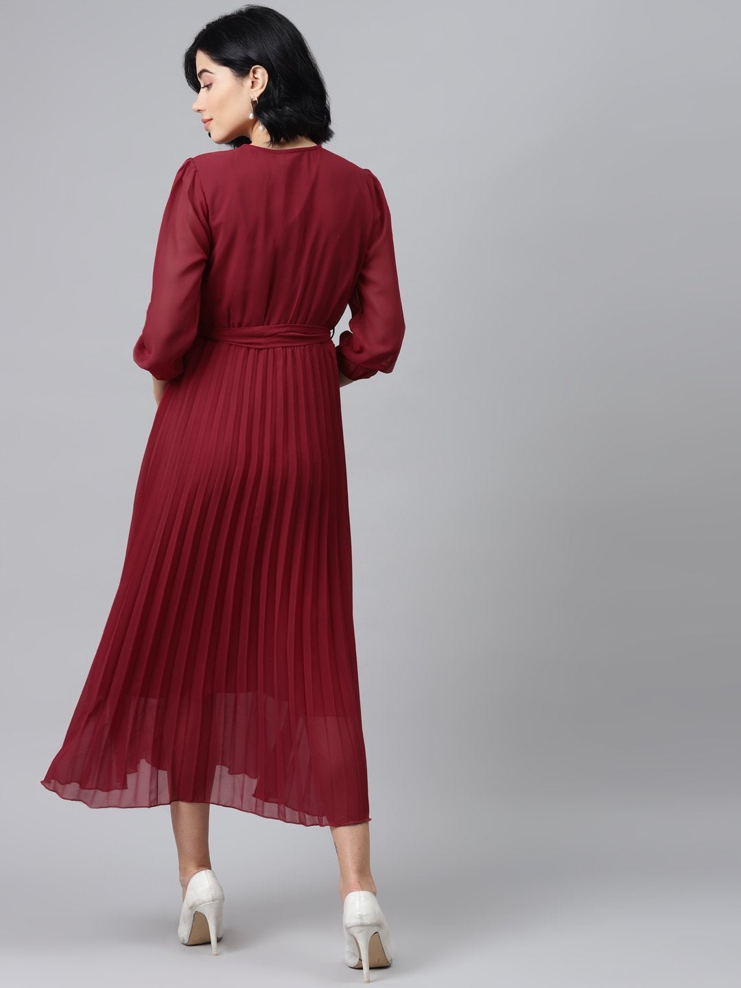 Women's Maroon Pleated Midi Dress - SASSAFRAS