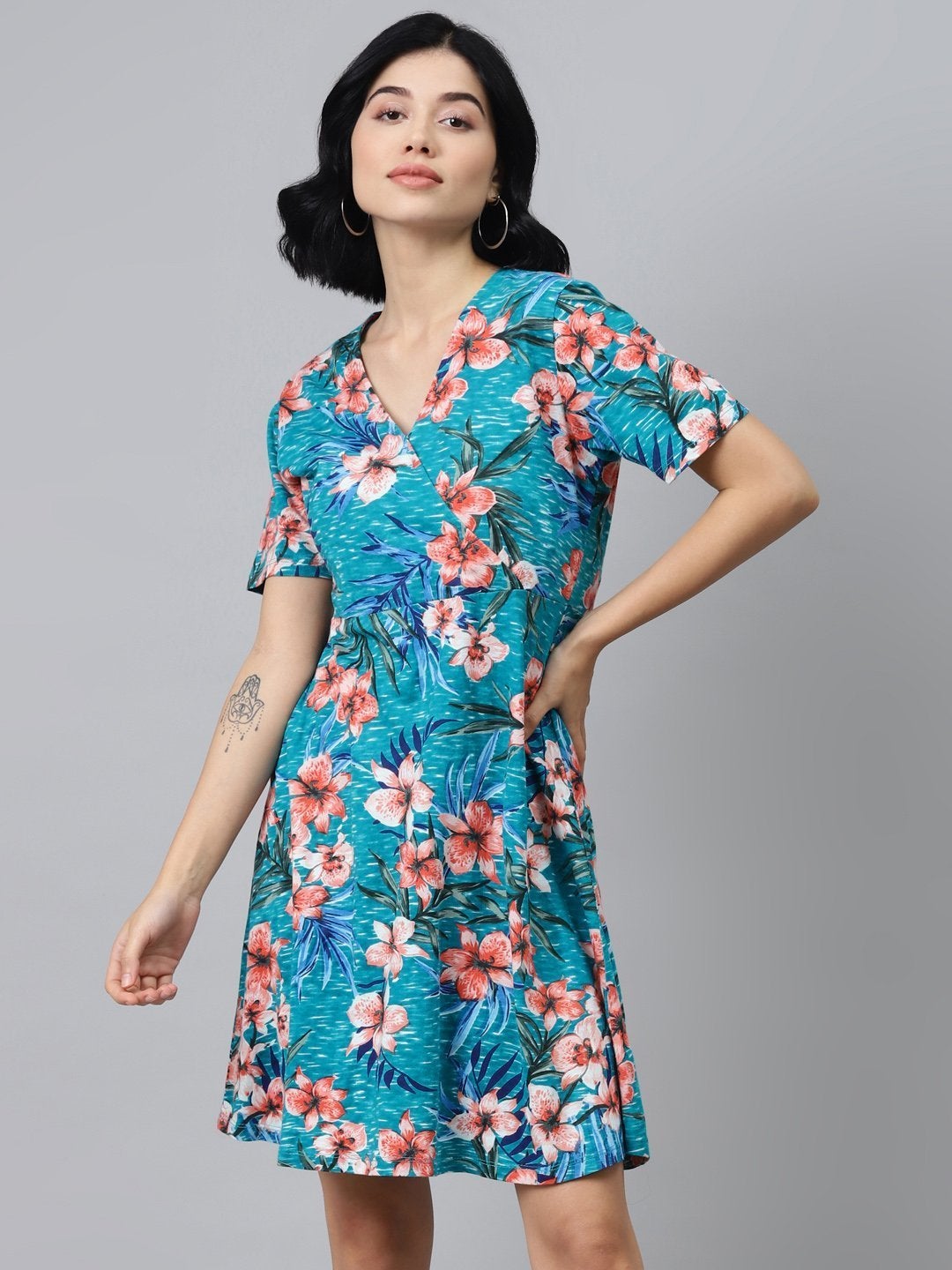 Women's Blue Floral Wrap Skater Jersey Dress - SASSAFRAS