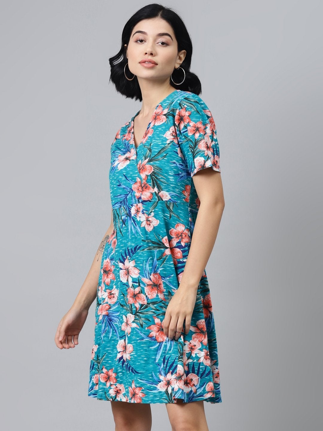 Women's Blue Floral Wrap Skater Jersey Dress - SASSAFRAS