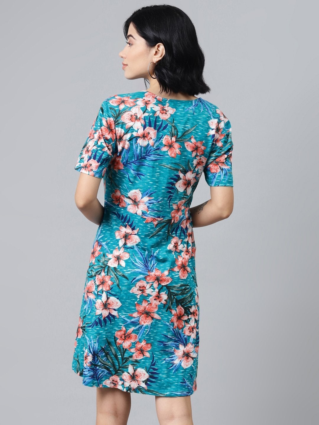 Women's Blue Floral Wrap Skater Jersey Dress - SASSAFRAS