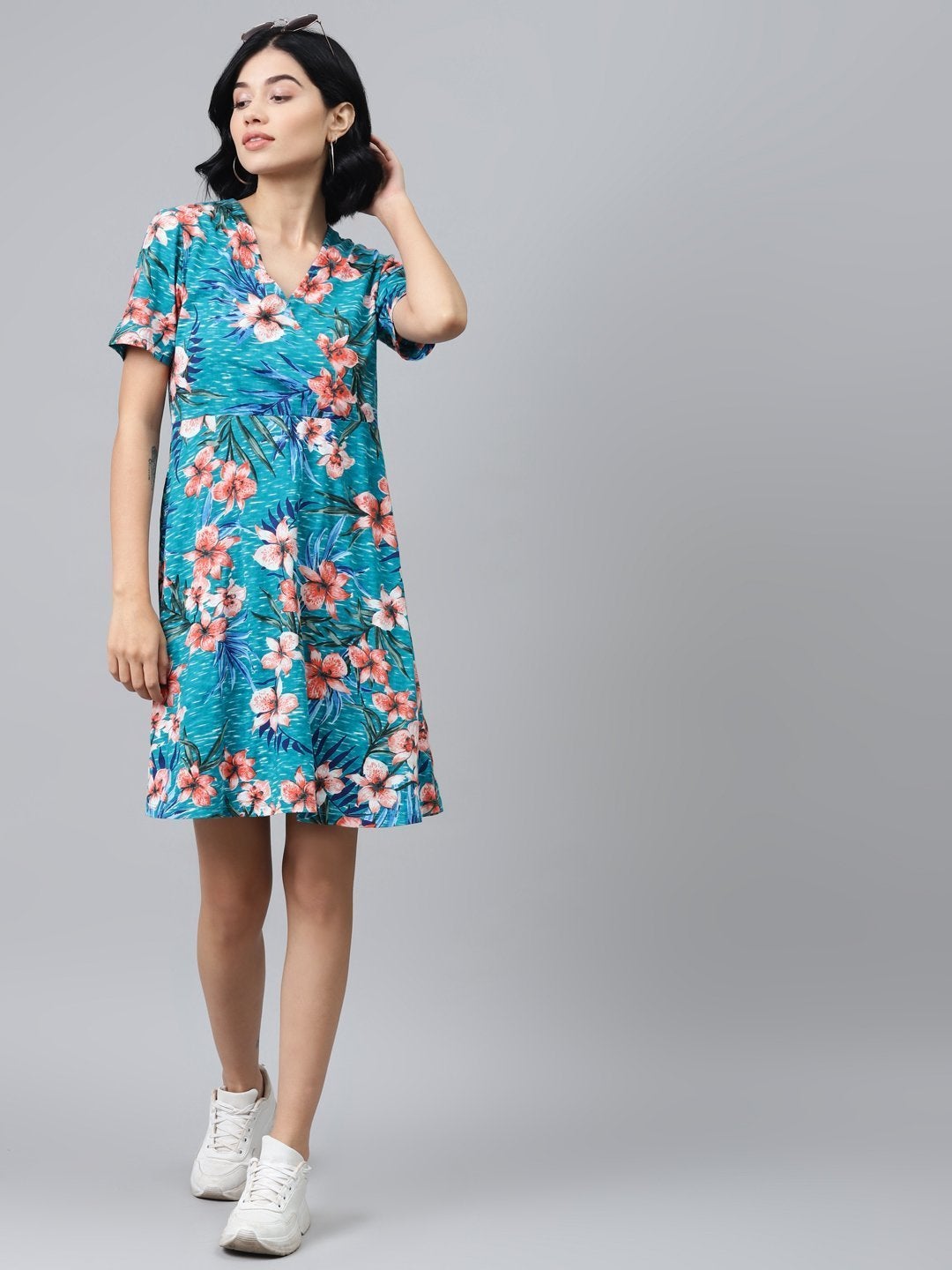 Women's Blue Floral Wrap Skater Jersey Dress - SASSAFRAS