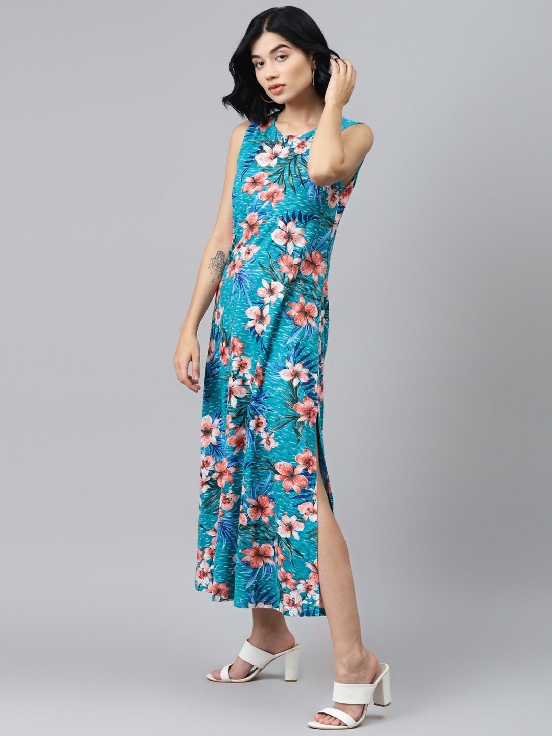 Women's Blue Floral Sleeveless Jersey Maxi Dress - SASSAFRAS