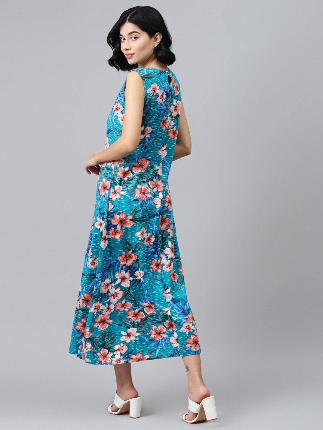 Women's Blue Floral Sleeveless Jersey Maxi Dress - SASSAFRAS