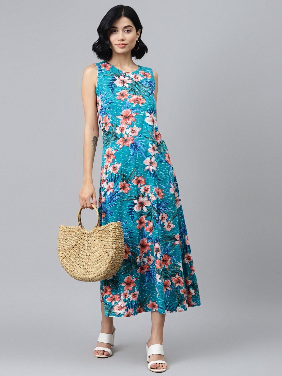 Women's Blue Floral Sleeveless Jersey Maxi Dress - SASSAFRAS