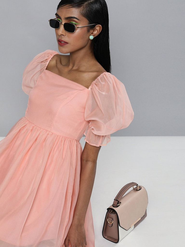 Women's Pastel Pink Organza Puff Sleeve Dress