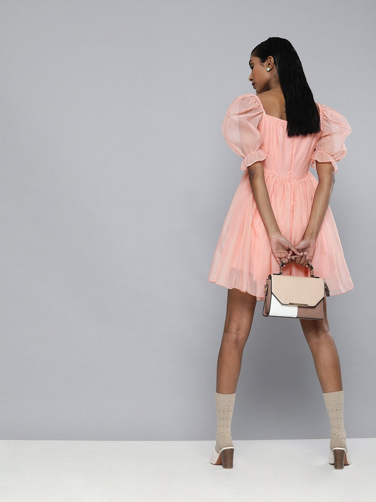 Women's Pastel Pink Organza Puff Sleeve Dress