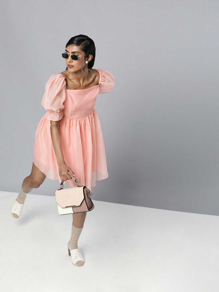Women's Pastel Pink Organza Puff Sleeve Dress