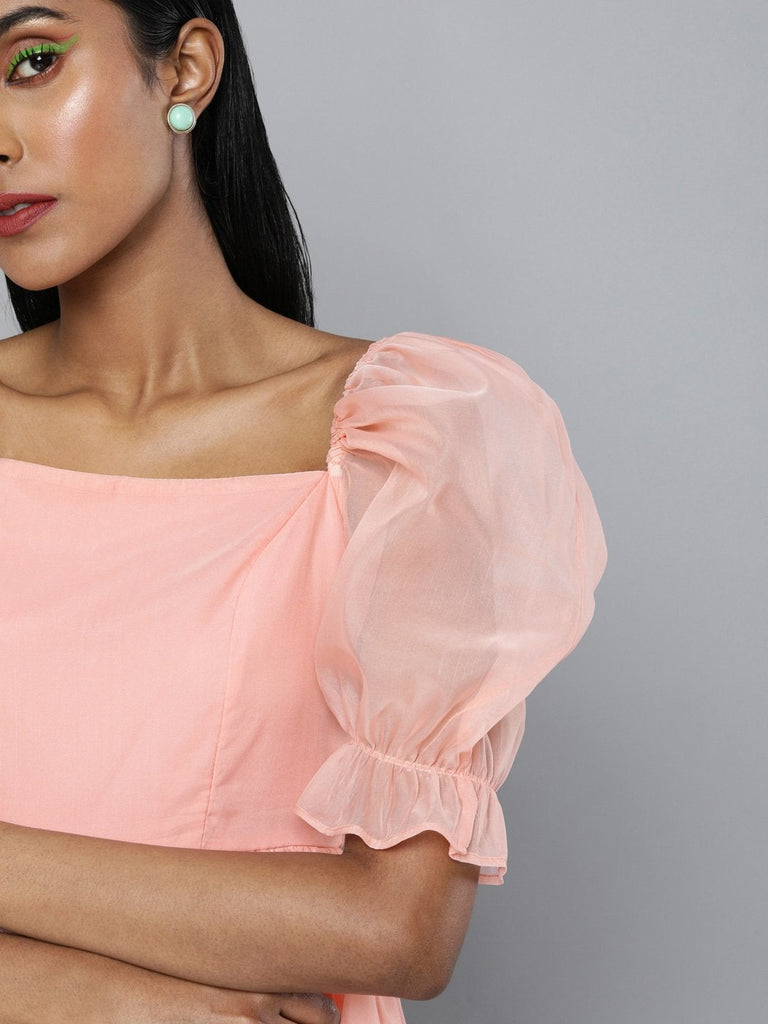 Women's Pastel Pink Organza Puff Sleeve Dress