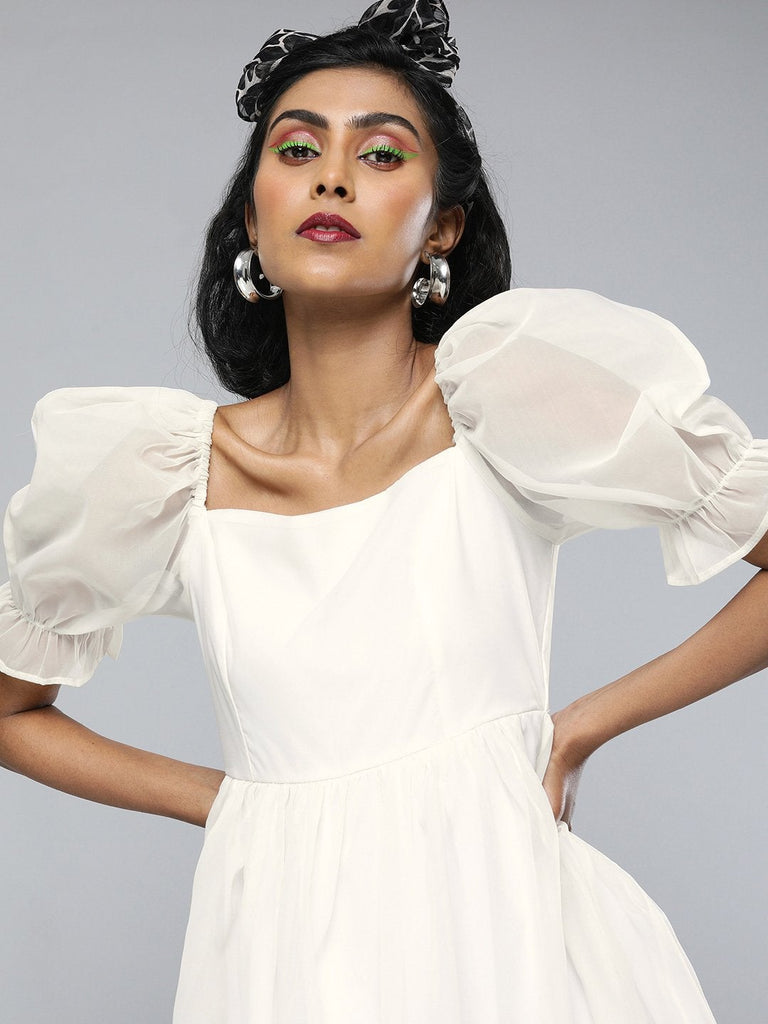Women's White Organza Puff Sleeve Dress
