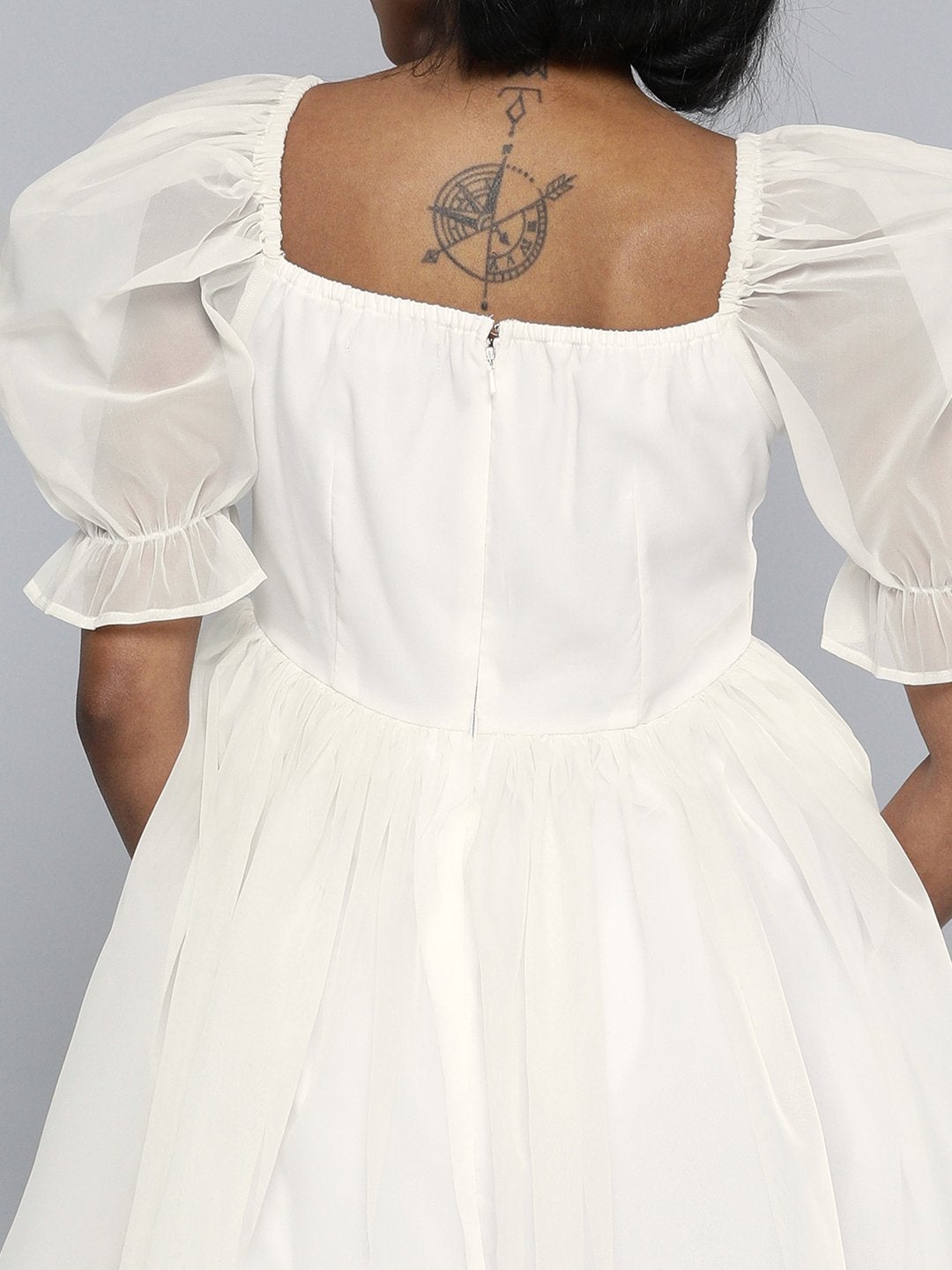 Women's White Organza Puff Sleeve Dress - SASSAFRAS