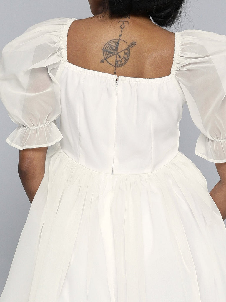 Women's White Organza Puff Sleeve Dress