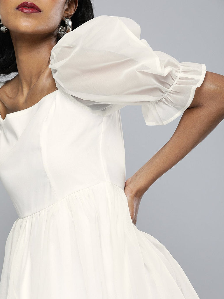 Women's White Organza Puff Sleeve Dress
