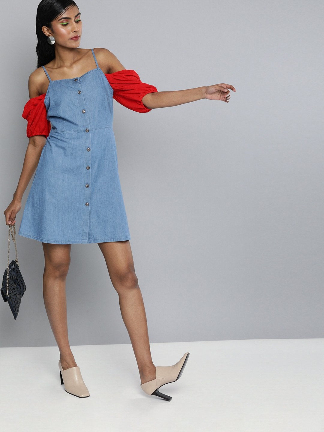 Women's Blue Denim Strappy Front Button Dress - SASSAFRAS