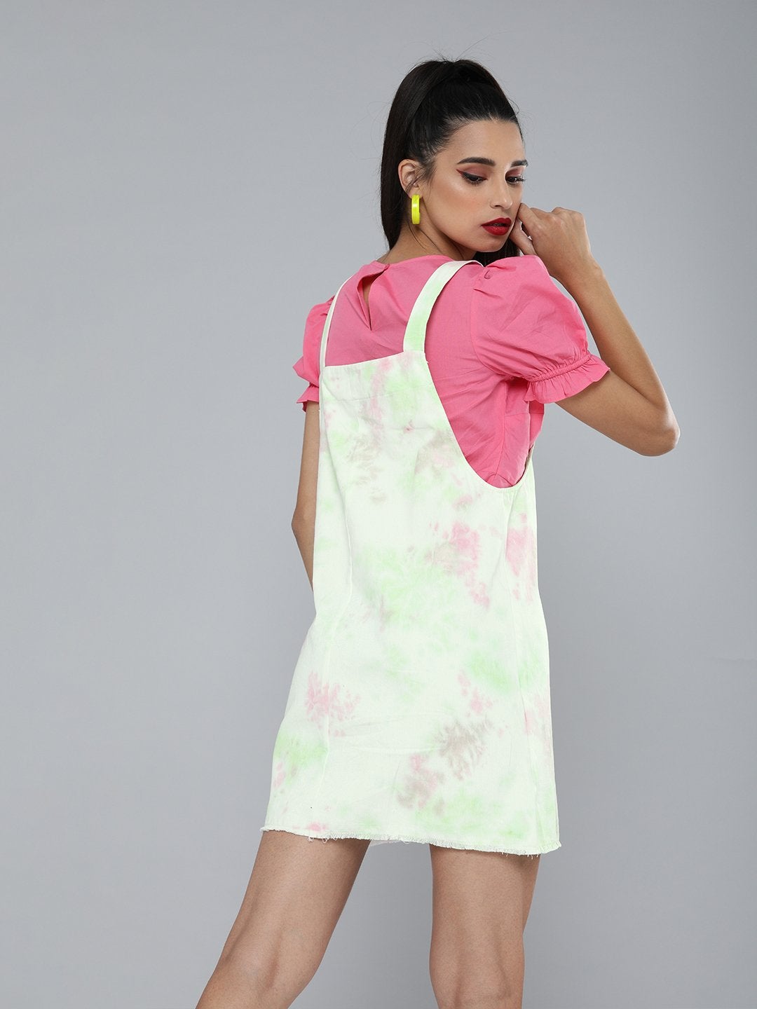 Women's Green & Pink Tie-Dye Pinafore Dress - SASSAFRAS