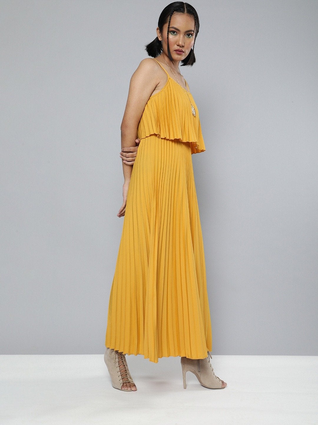 Women's Mustard Pleated Strappy Maxi Dress - SASSAFRAS