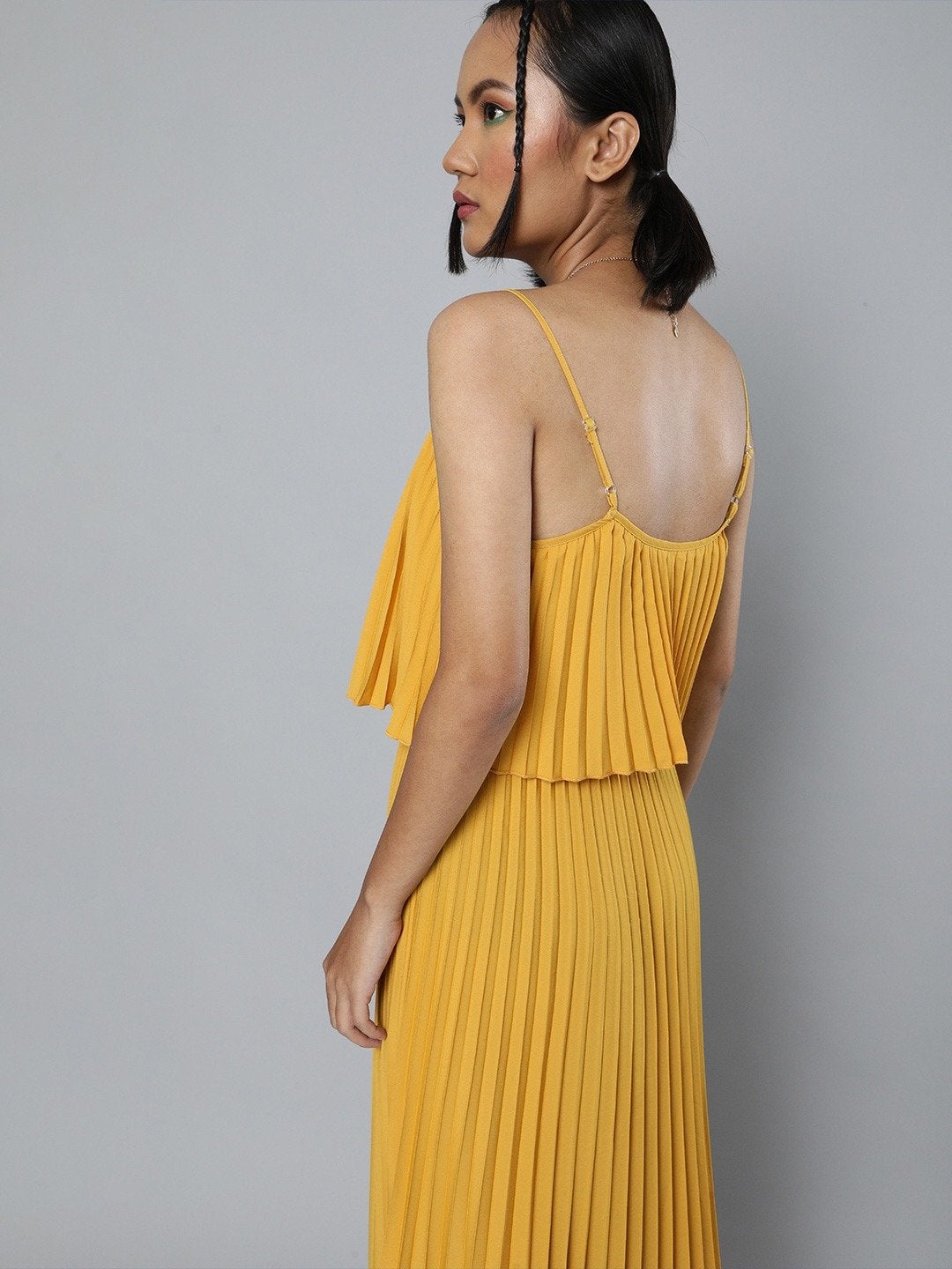 Women's Mustard Pleated Strappy Maxi Dress - SASSAFRAS