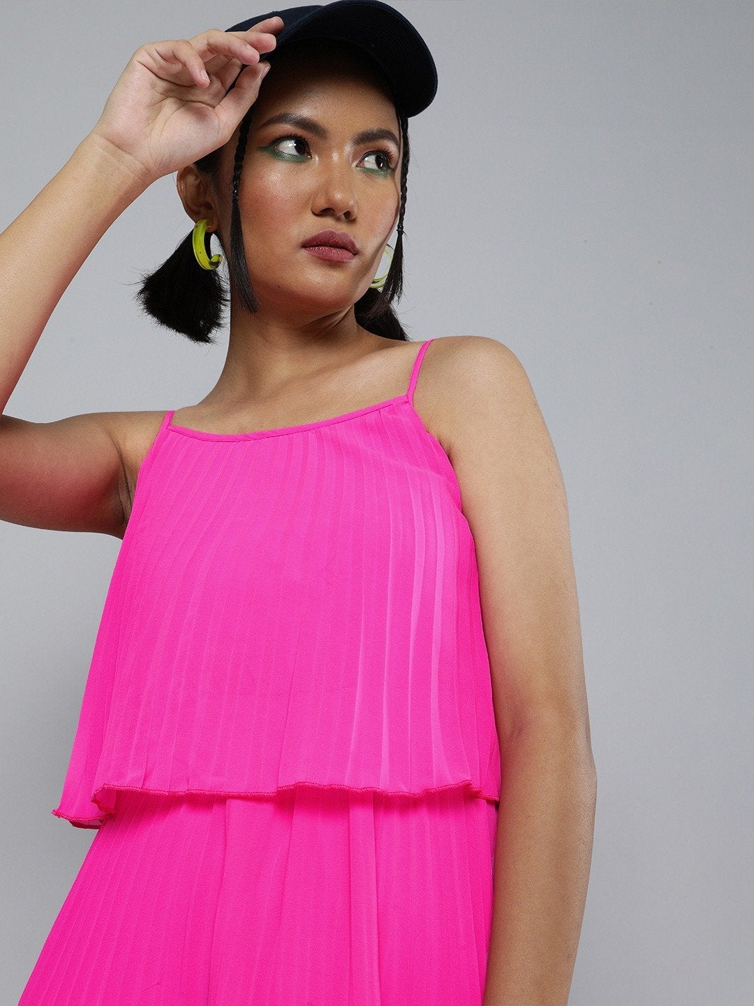 Women's Neon Pink Pleated Strappy Skater Dress - SASSAFRAS