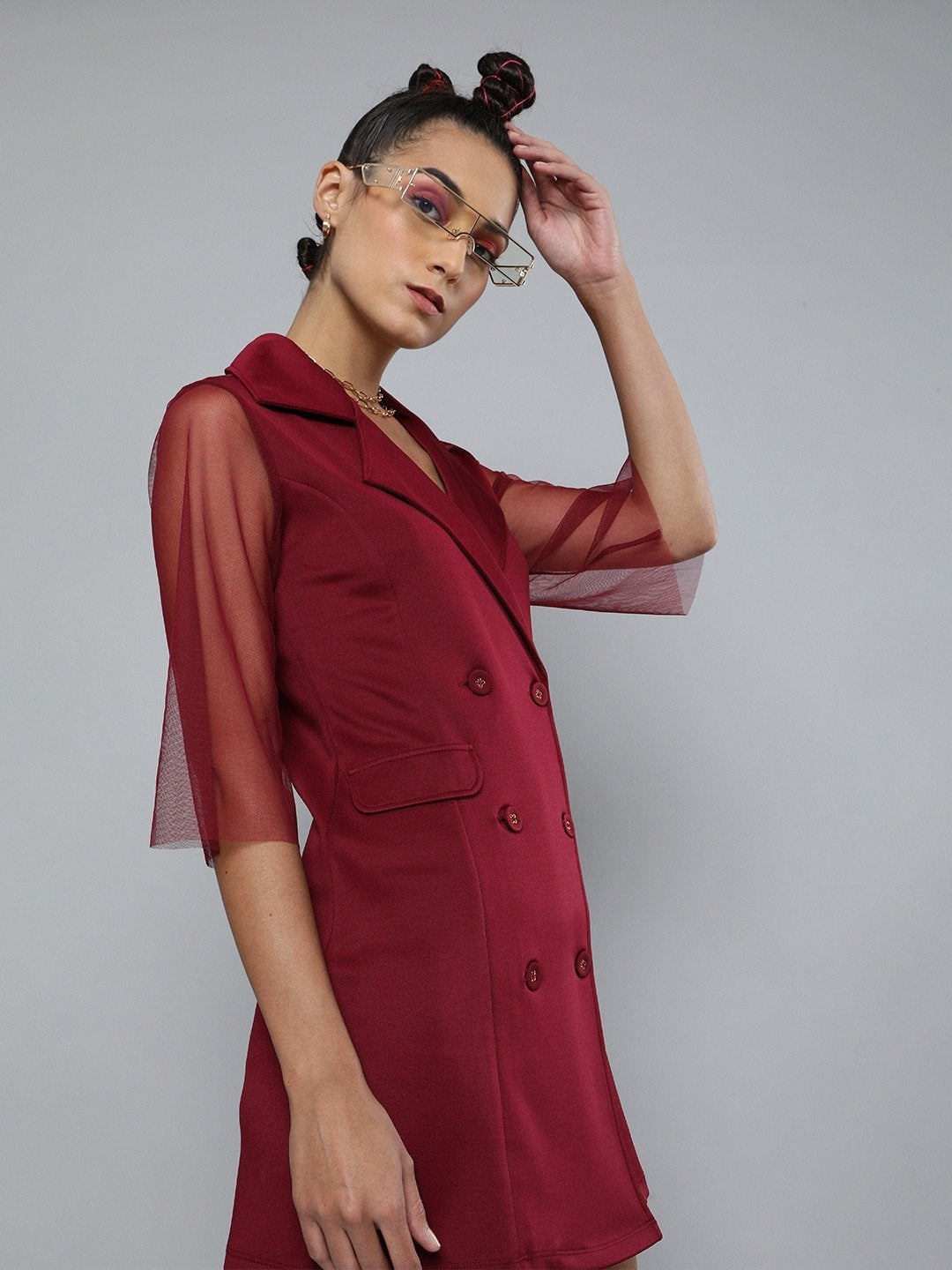 Women's Burgundy Front Button Blazer Mini Dress - SASSAFRAS