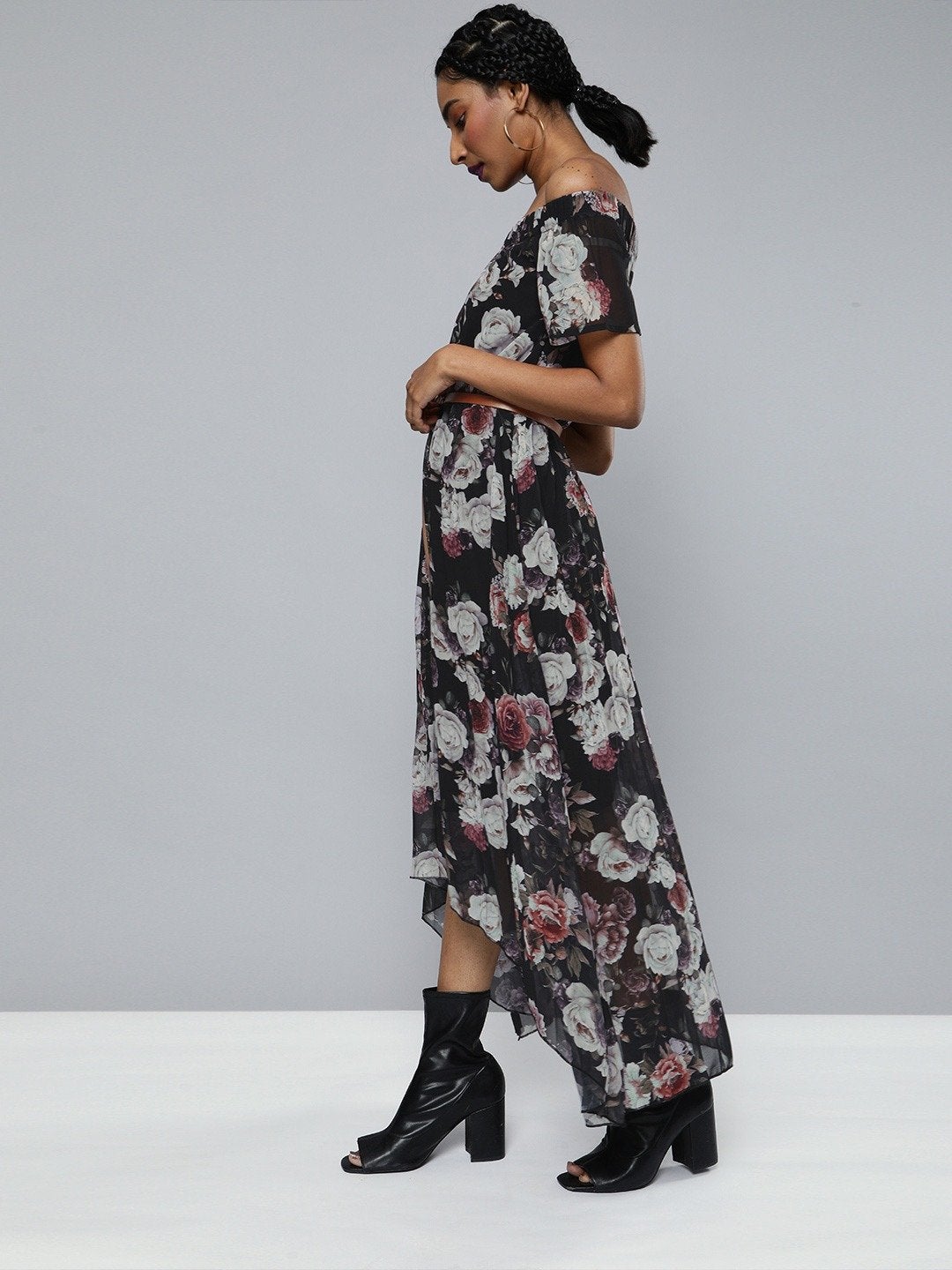 Women's Black Floral High Low Pleated Bardot Dress - SASSAFRAS