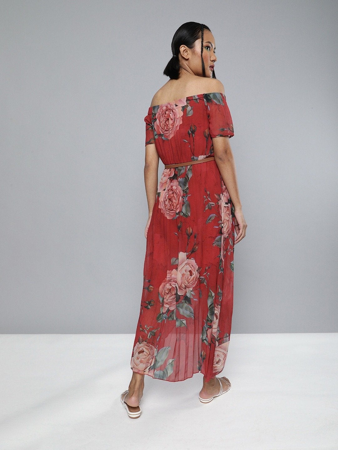 Women's Red Floral High Low Pleated Bardot Dress - SASSAFRAS