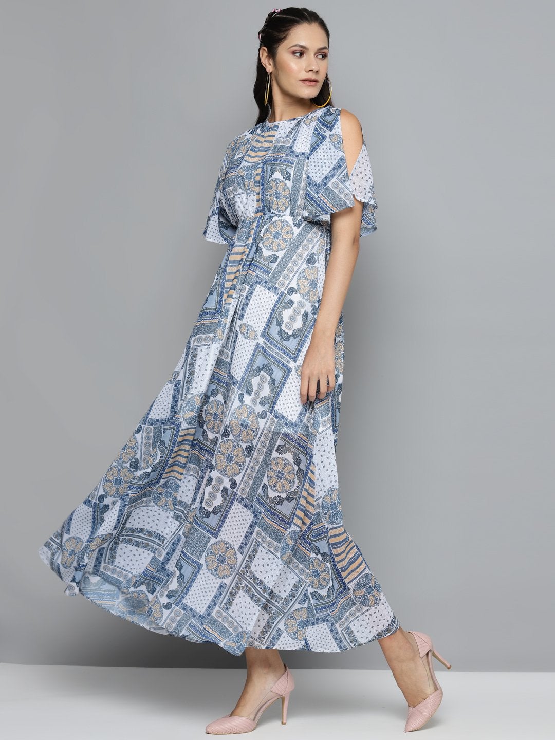 Women's Blue Patch Print Maxi Dress - SASSAFRAS