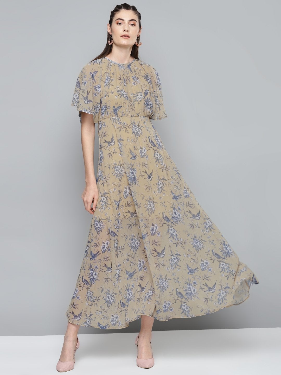 Women's Yellow Floral Print Maxi Dress - SASSAFRAS