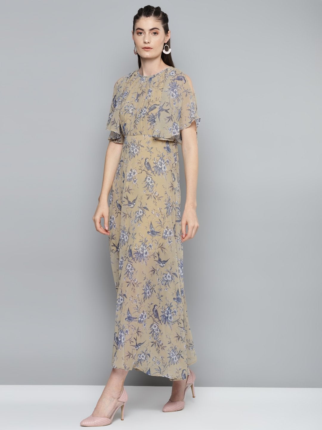 Women's Yellow Floral Print Maxi Dress - SASSAFRAS