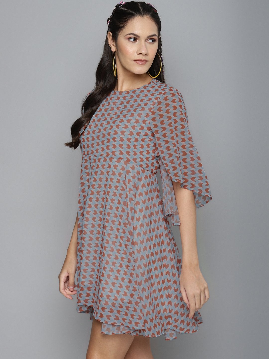 Women's Orange Arrow Geo Print Flared Cape Dress - SASSAFRAS