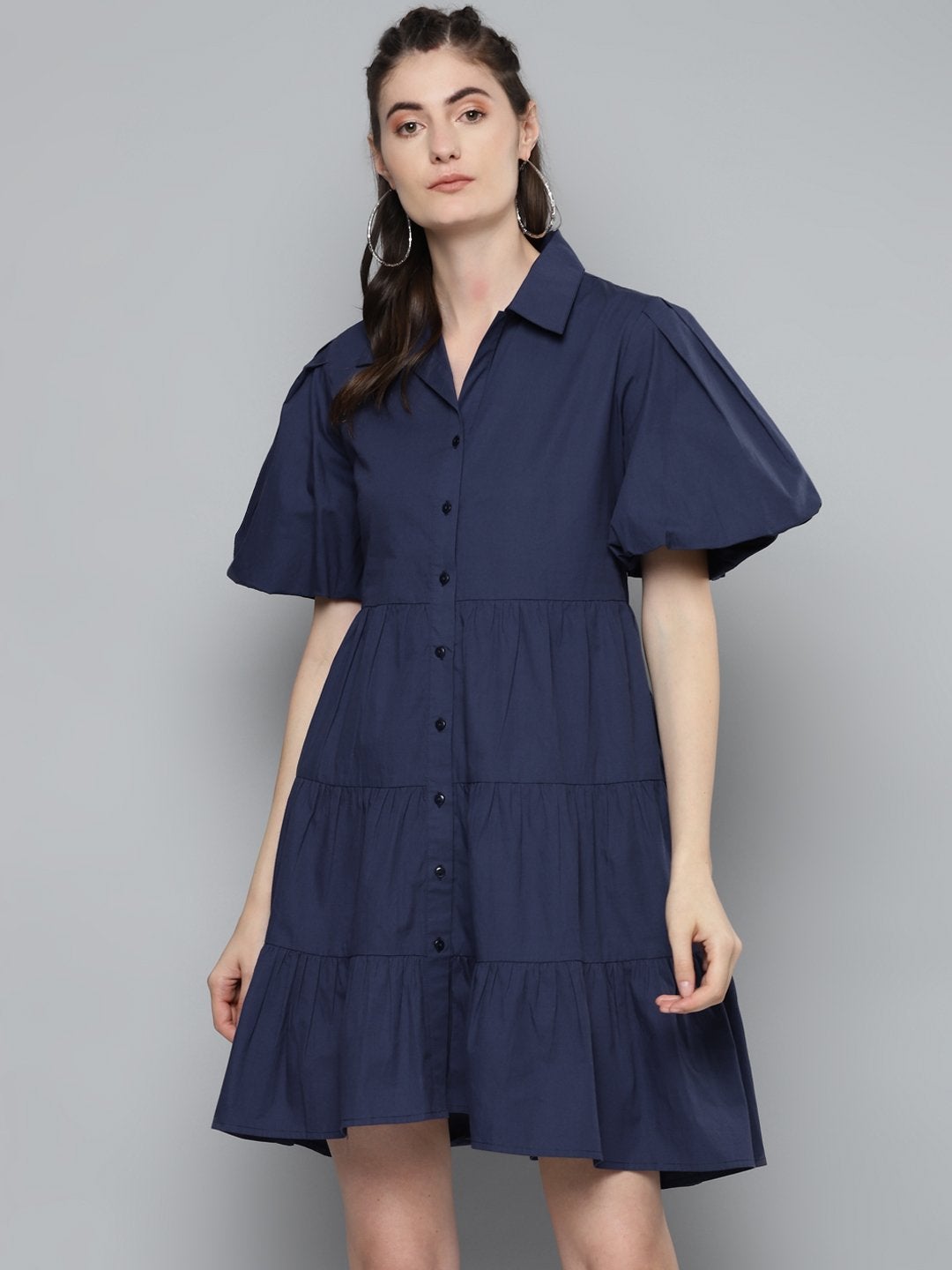 Women's Navy Tiered Shirt Dress - SASSAFRAS