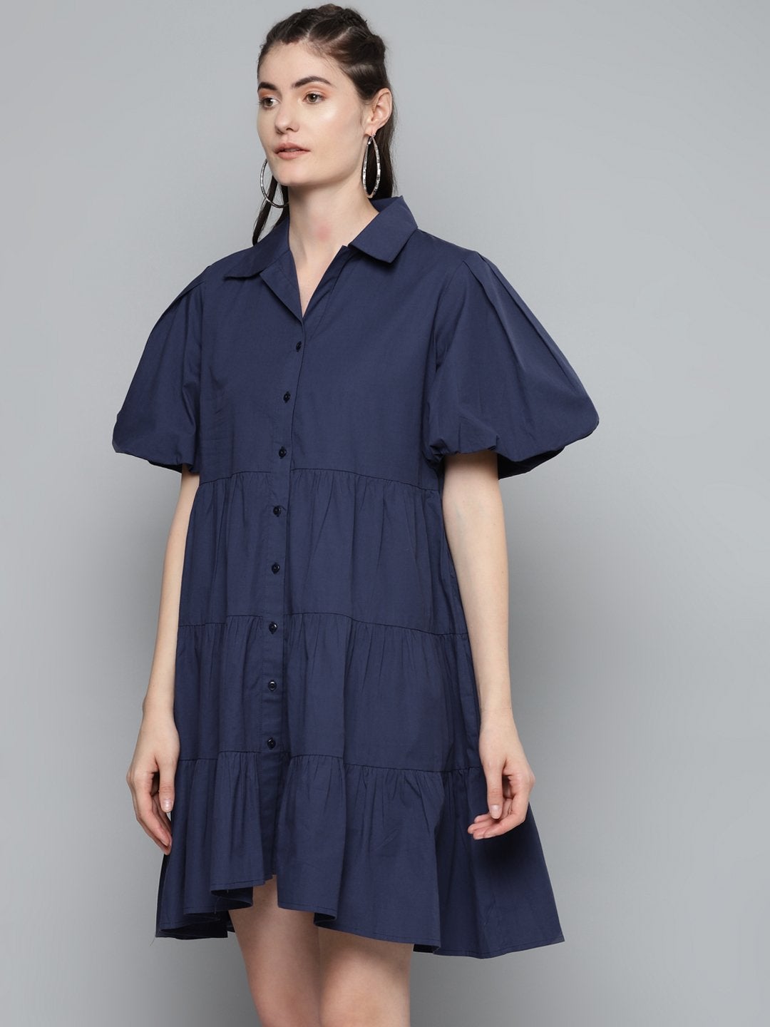 Women's Navy Tiered Shirt Dress - SASSAFRAS