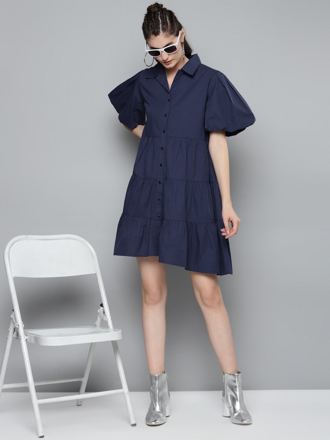 Women's Navy Tiered Shirt Dress - SASSAFRAS