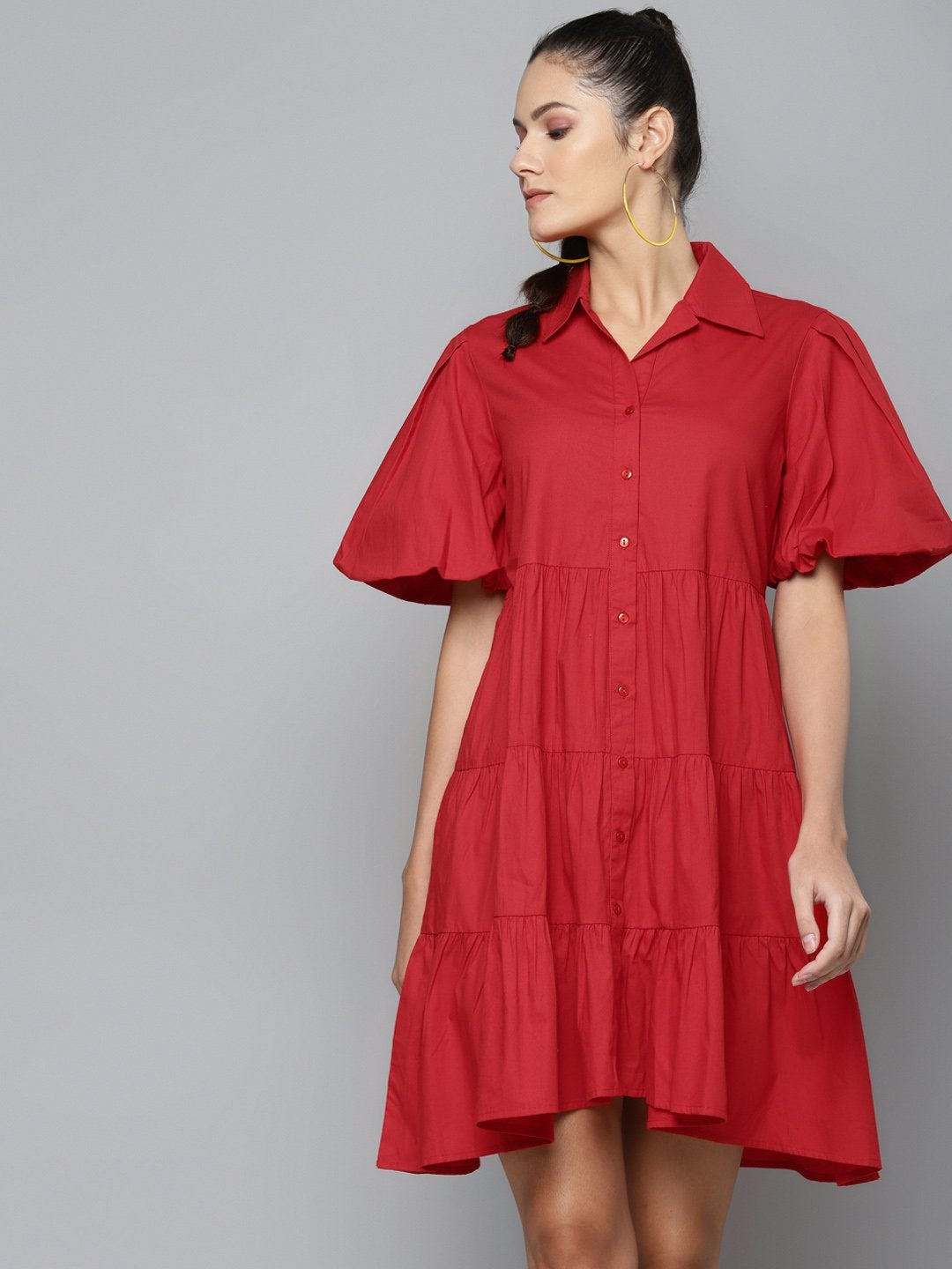 Women's Red Tiered Shirt Dress - SASSAFRAS