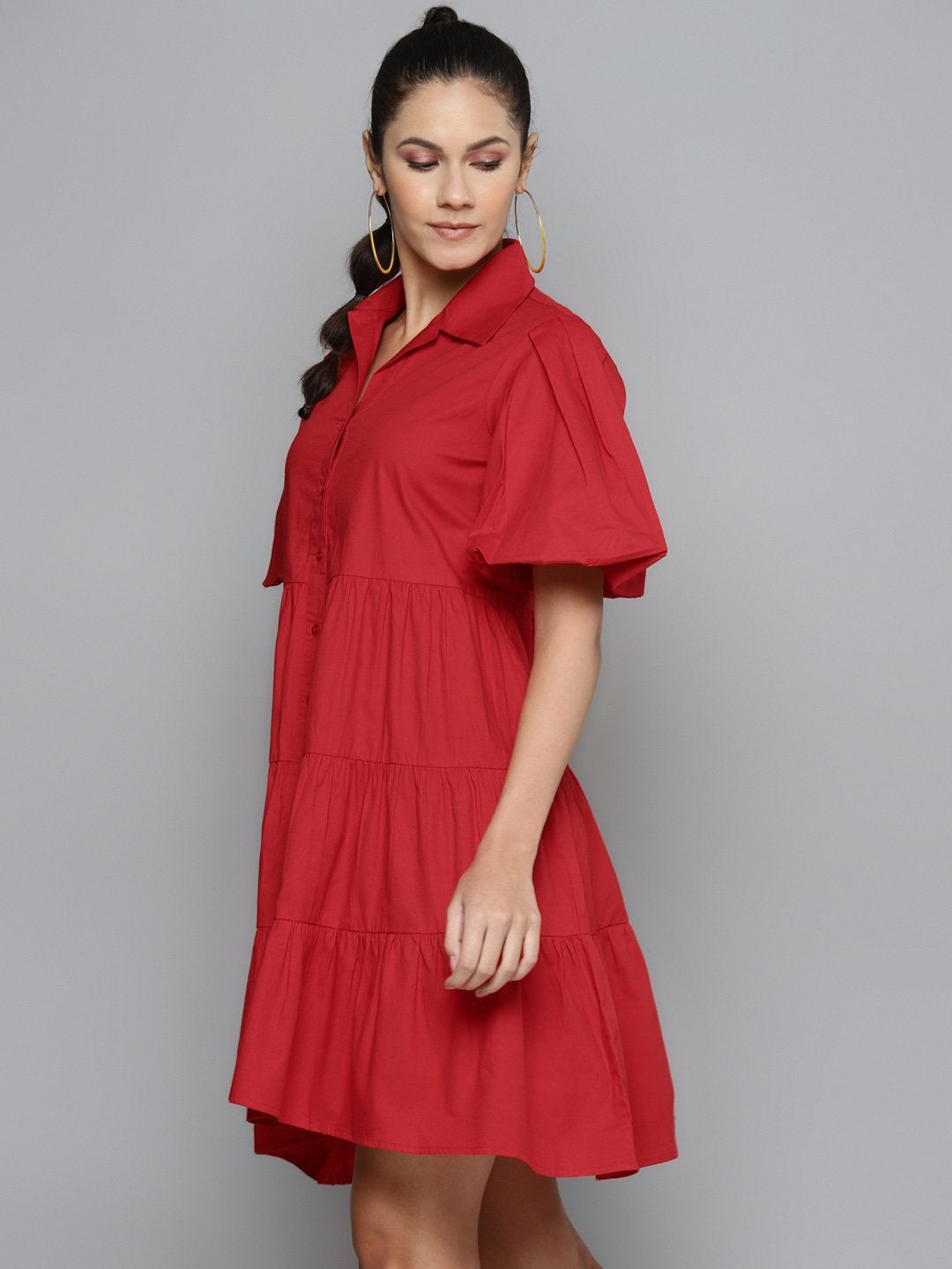 Women's Red Tiered Shirt Dress - SASSAFRAS