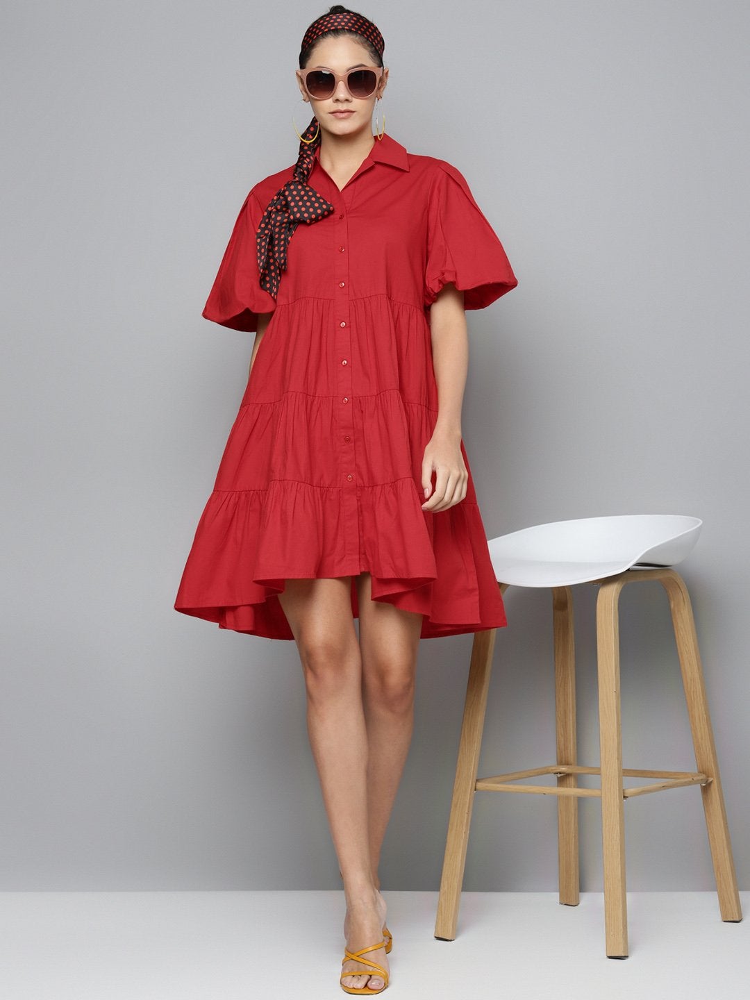 Women's Red Tiered Shirt Dress - SASSAFRAS