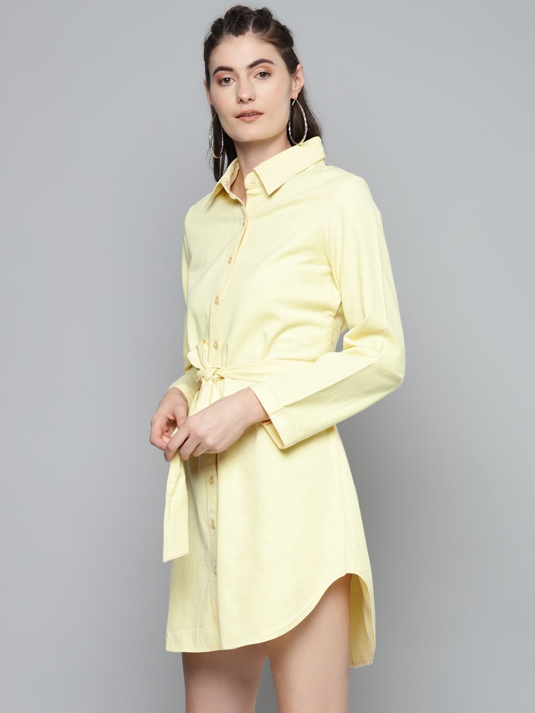 Women's Yellow Belted Shirt Dress - SASSAFRAS