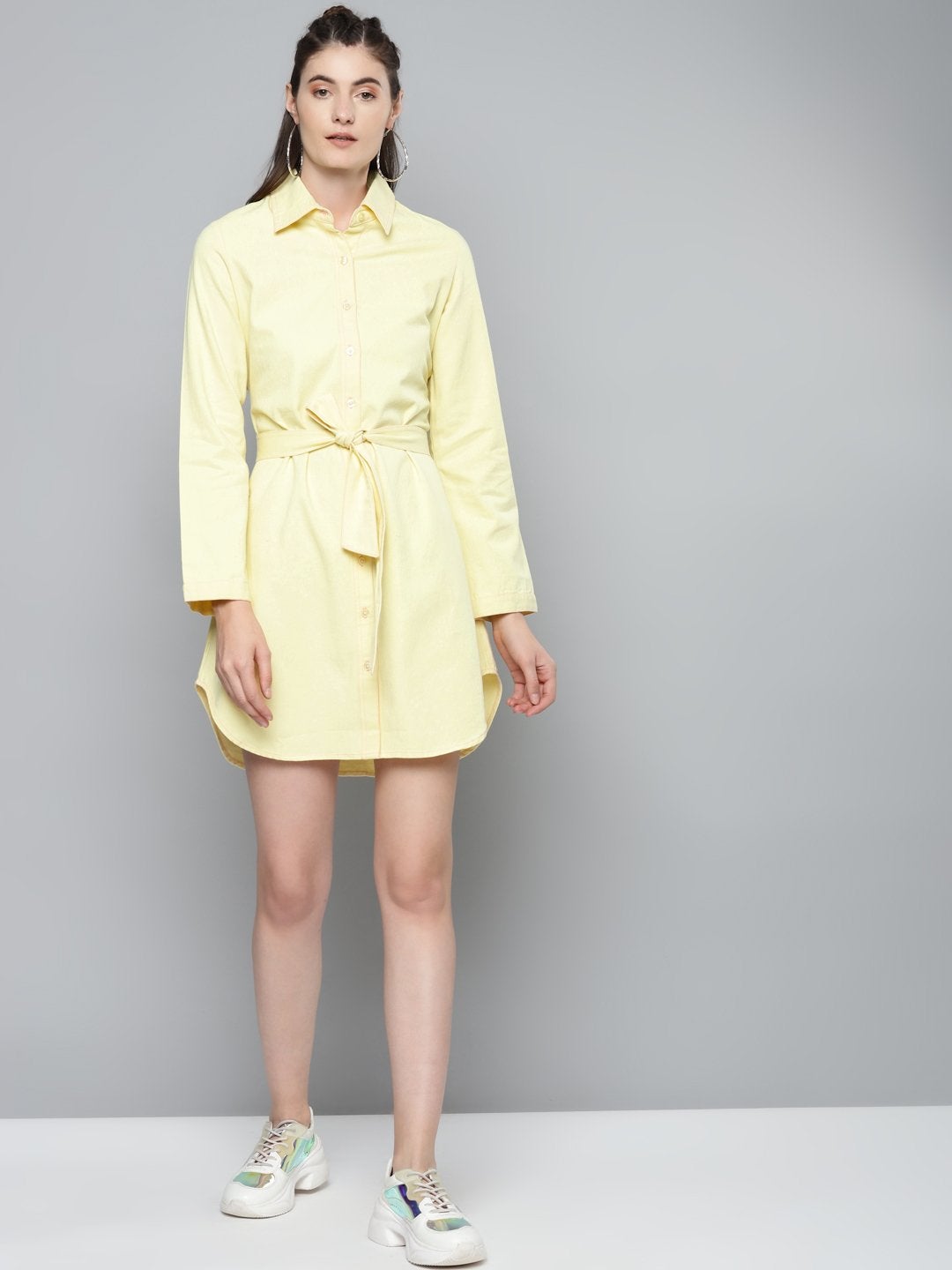 Women's Yellow Belted Shirt Dress - SASSAFRAS