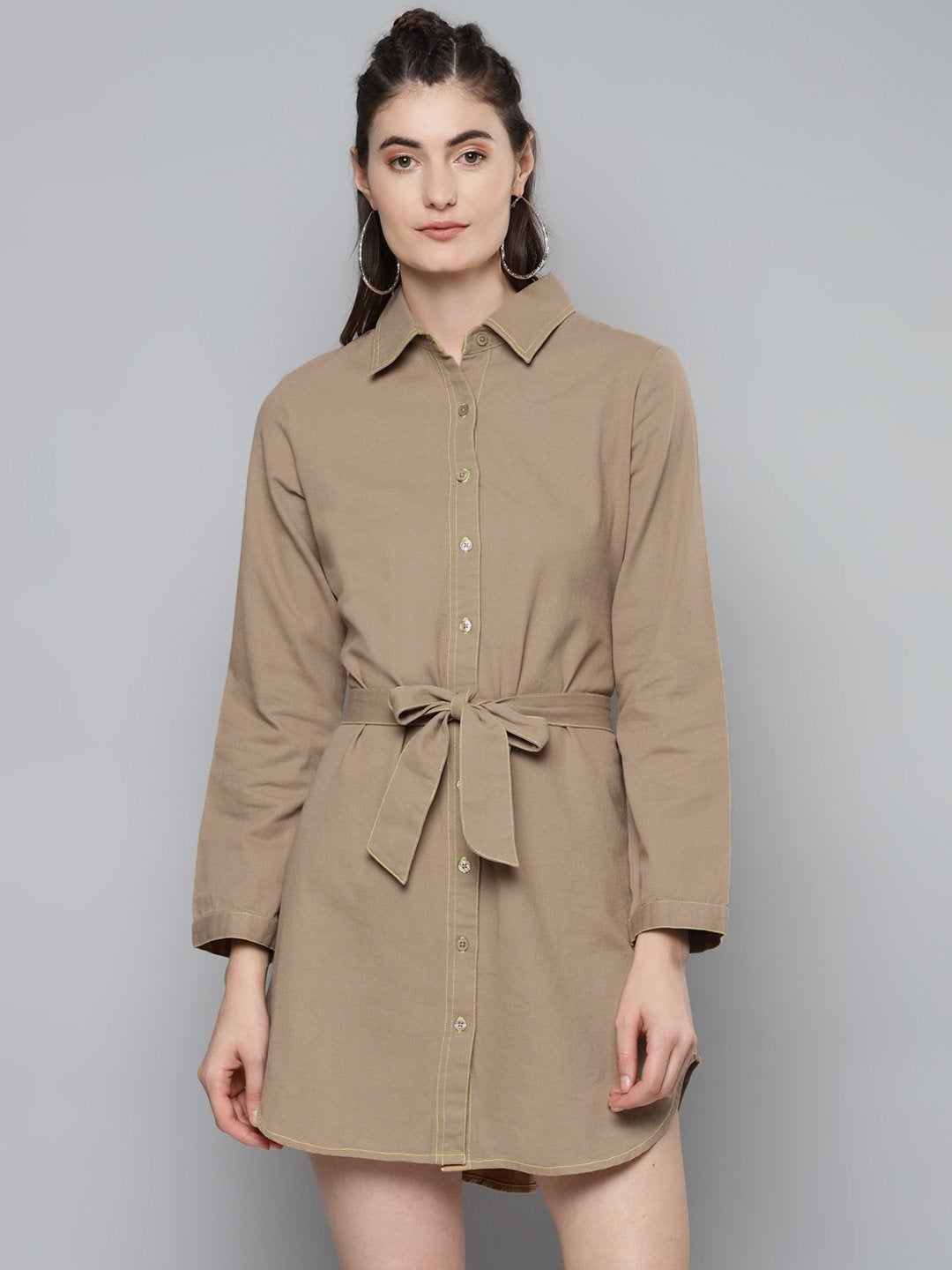 Women's Beige Belted Shirt Dress - SASSAFRAS