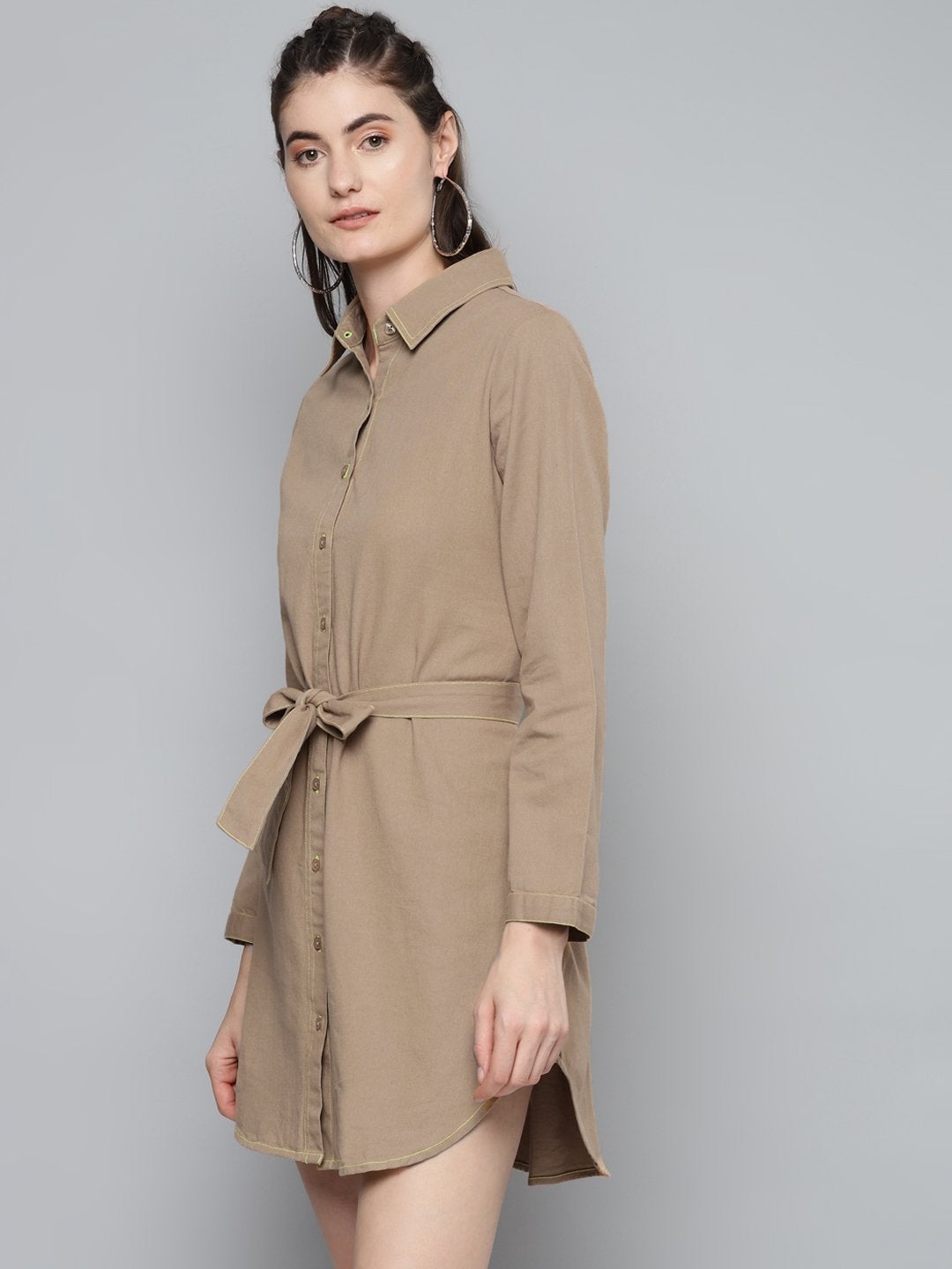 Women's Beige Belted Shirt Dress - SASSAFRAS