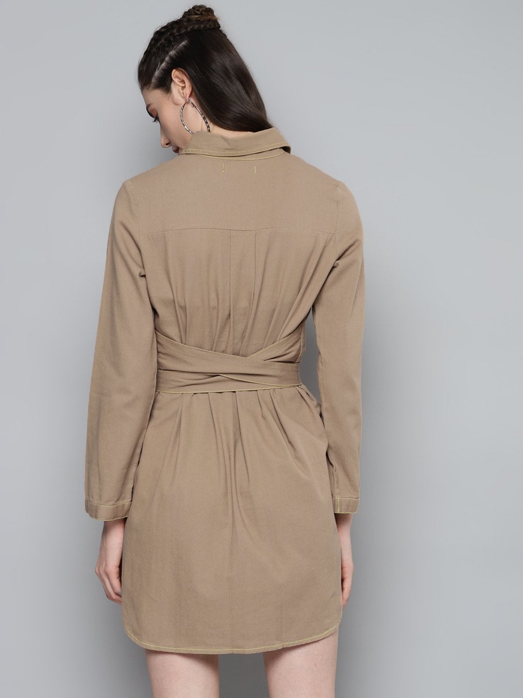 Women's Beige Belted Shirt Dress - SASSAFRAS