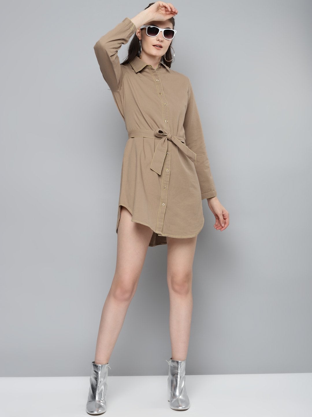 Women's Beige Belted Shirt Dress - SASSAFRAS