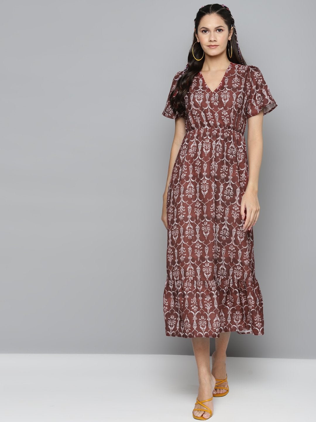 Women's Maroon Floral Wrap Frill Hem Maxi - SASSAFRAS