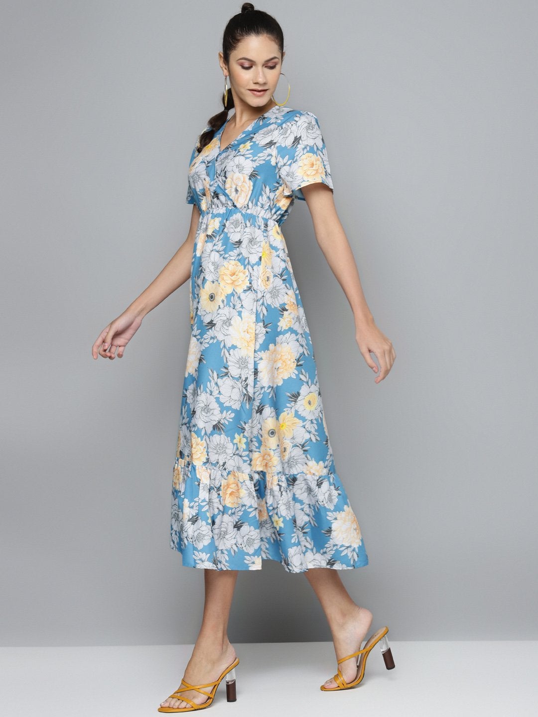 Women's Blue & Yellow Floral Wrap Frill Hem Maxi - SASSAFRAS