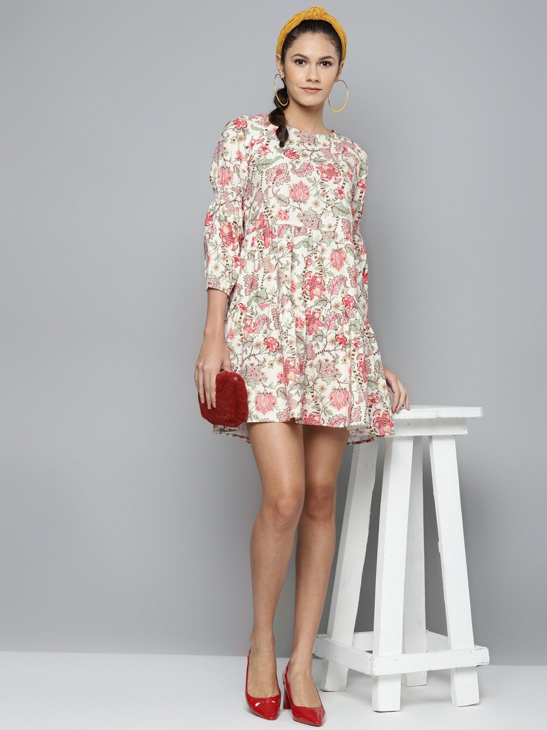 Women's Beige & Red Floral Tiered Skater Dress - SASSAFRAS