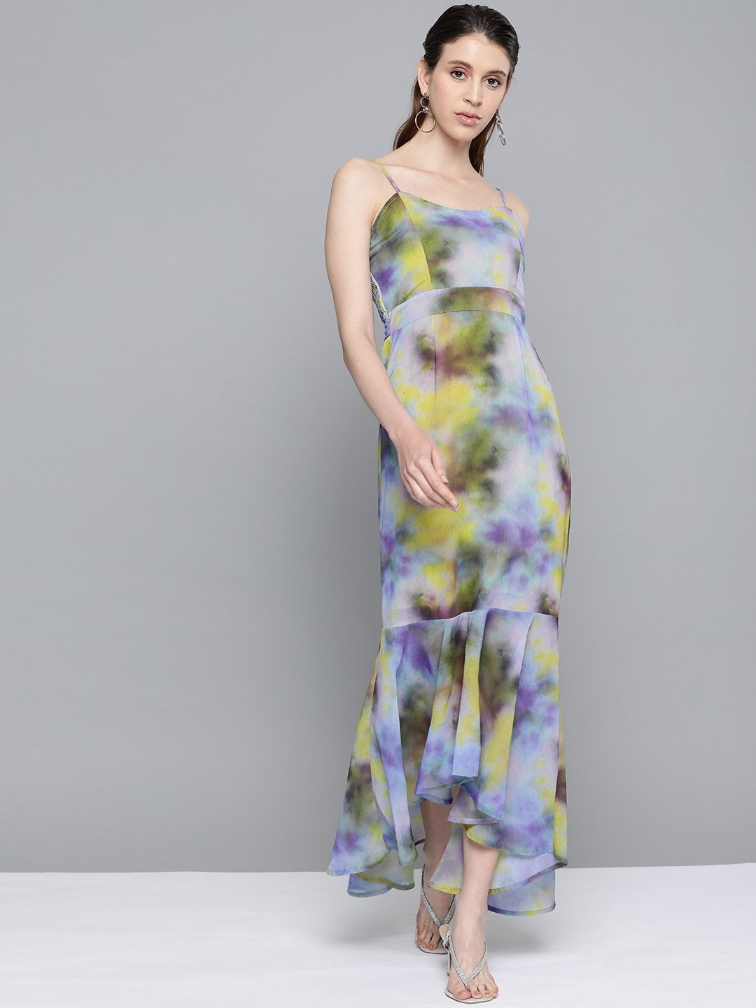 Women's Yellow & Purple Tie-Dye Print Strappy Maxi - SASSAFRAS