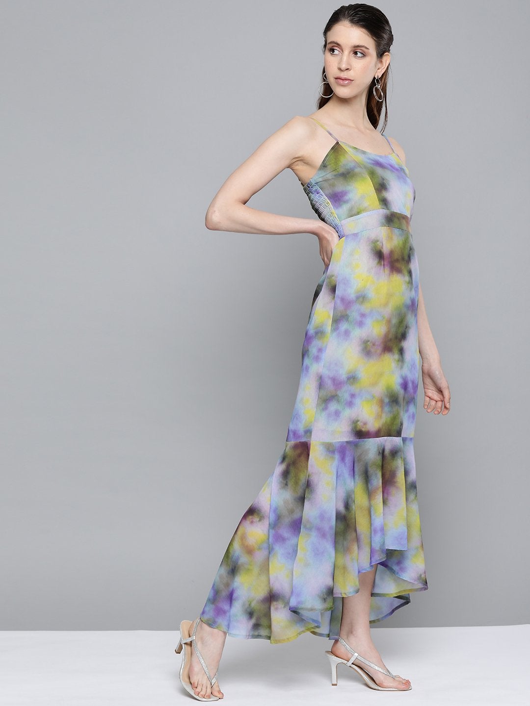 Women's Yellow & Purple Tie-Dye Print Strappy Maxi - SASSAFRAS