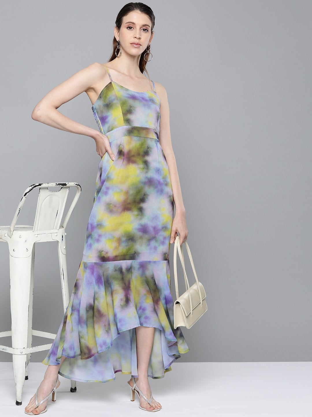 Women's Yellow & Purple Tie-Dye Print Strappy Maxi - SASSAFRAS