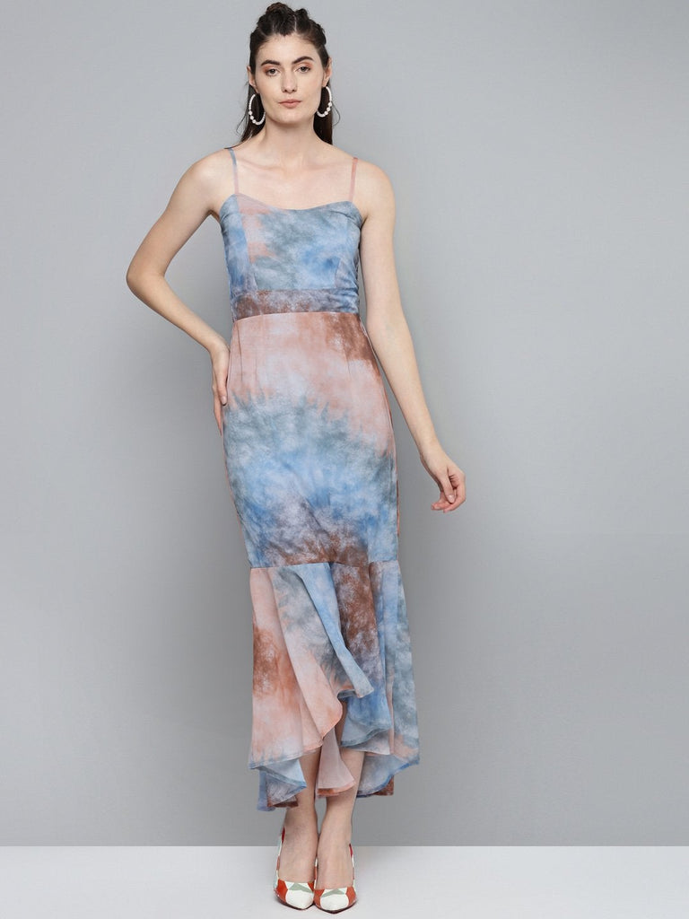 Women's Blue & Brown Tie-Dye Print Strappy Maxi