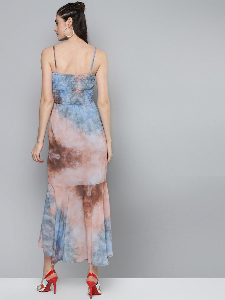 Women's Blue & Brown Tie-Dye Print Strappy Maxi