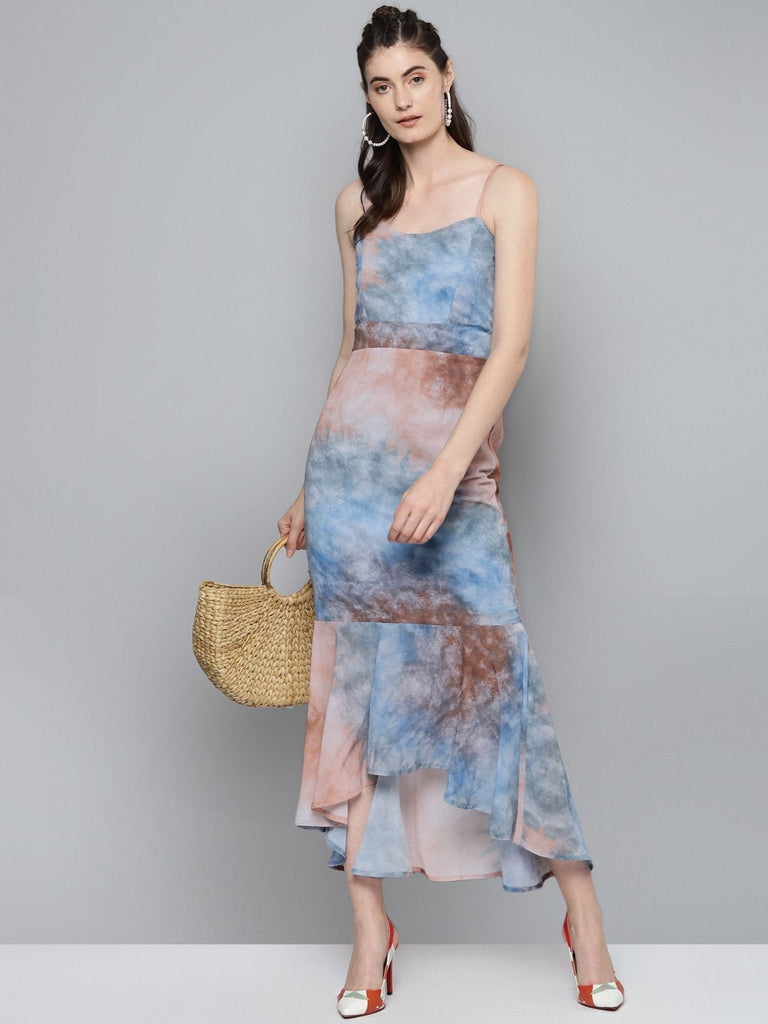 Women's Blue & Brown Tie-Dye Print Strappy Maxi