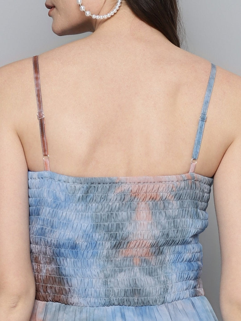 Women's Blue & Brown Tie-Dye Print Strappy Maxi